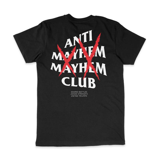 Anti Mayhem Mayhem Club - Black t-shirt with a catchy slogan.