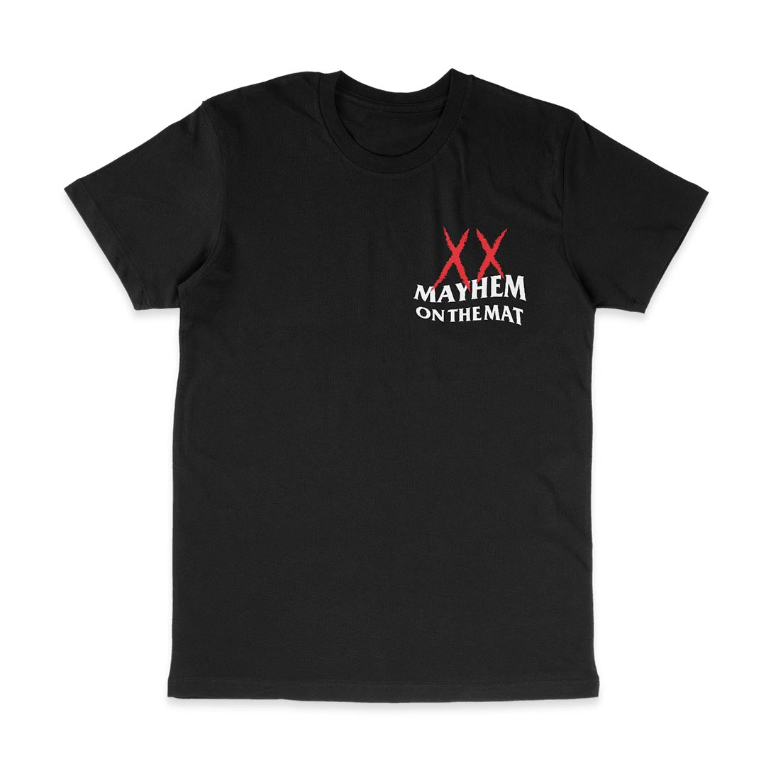 A black t-shirt with a red Anti Mayhem Mayhem Club - Black logo on it.