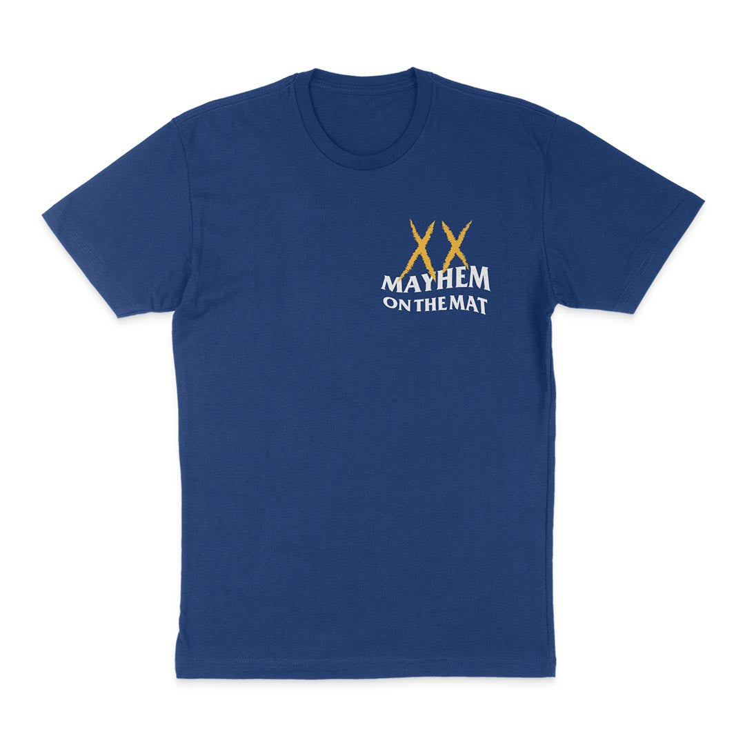 A blue Anti Mayhem Mayhem Club - Royal t-shirt with the word WMA on it, promoting mental well-being.