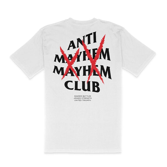Stay cool and promote mental well-being with our Anti Mayhem Mayhem Club - White tee. Perfect for Jiu Jitsu enthusiasts!