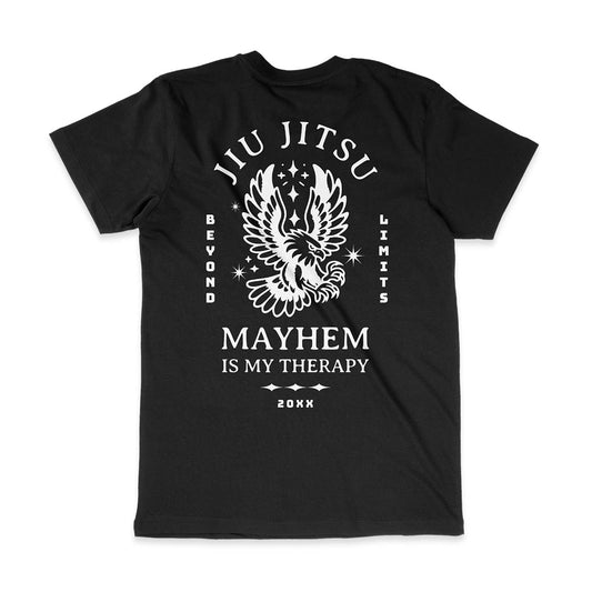 A transformative journey represented by the Beyond Limits - Black t-shirt adorned with the words "Jiu Jitsu mayhem" and an eagle motif, inspiring individuals to save the day.