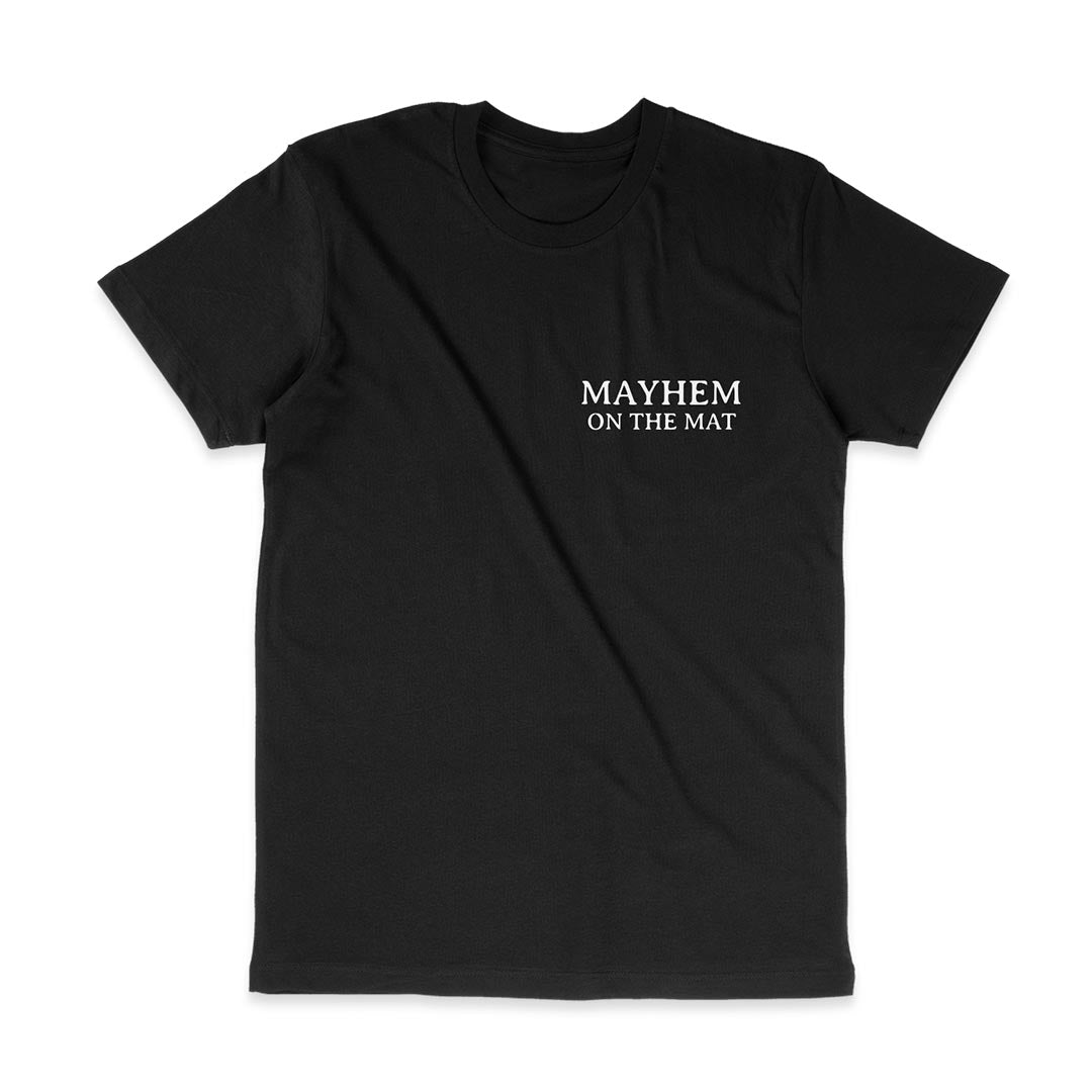 A transformative Beyond Limits - Black t-shirt featuring the word "mayhem" on the front.