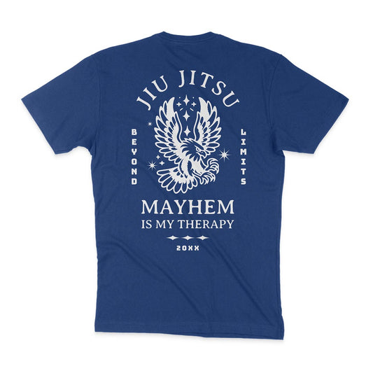 A transformative journey on a Beyond Limits - Royal t-shirt that says mayhem is my therapy.