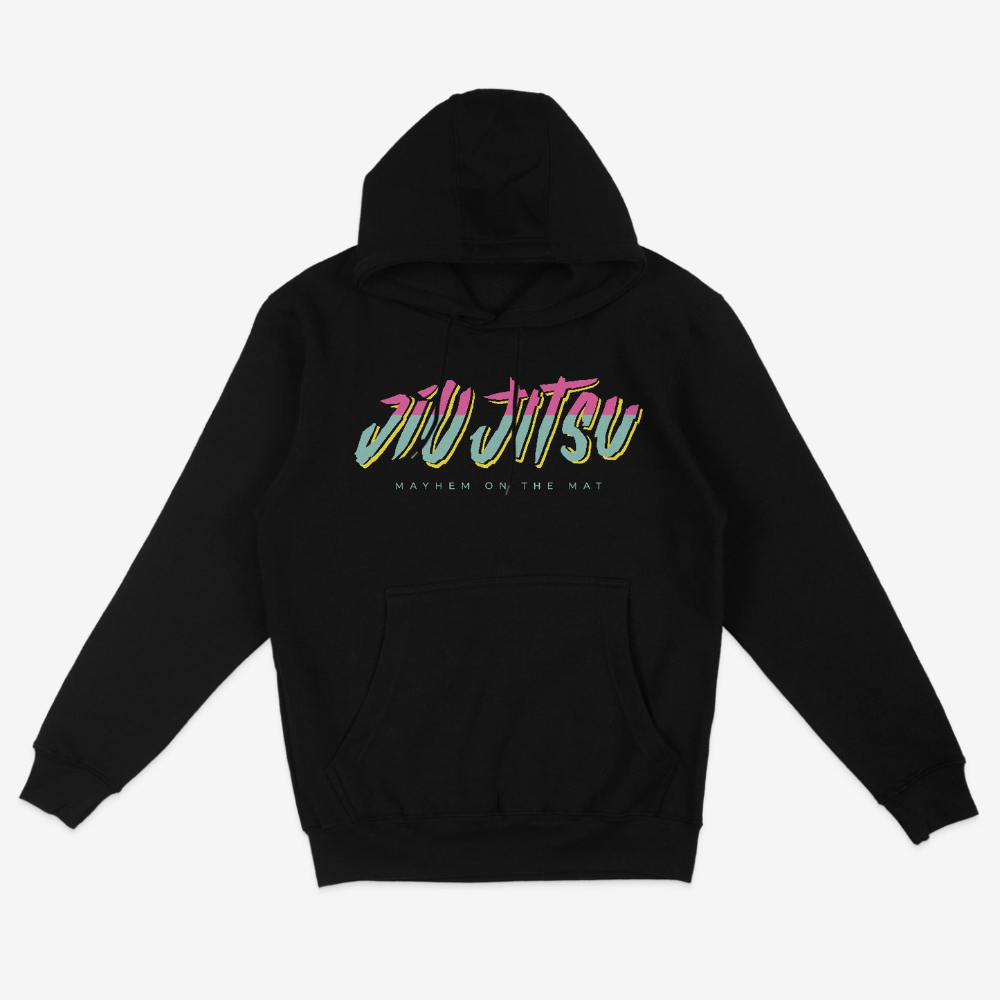 Introducing the City Connect - Black hoodie, featuring vibrant "Jiu Jitsu" text and "Mayhem on the Mat" printed below, perfect for athletes seeking a sense of community.