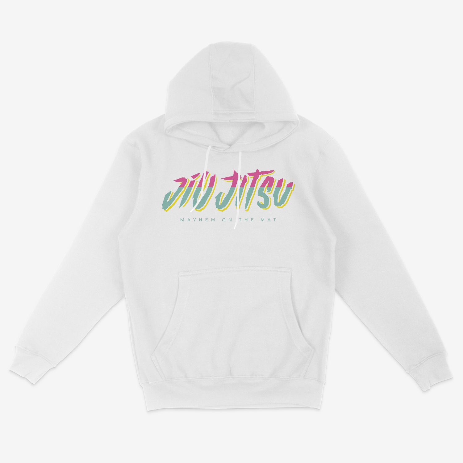 Introducing the City Connect - White hoodie: This stylish hoodie showcases vibrant "Jiu Jitsu" text across the chest and the phrase "Mayhem on the Mat" displayed below. Perfect for the Jiu Jitsu community, it embodies urban energy and unity.