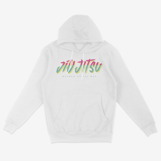 Introducing the City Connect - White hoodie: This stylish hoodie showcases vibrant "Jiu Jitsu" text across the chest and the phrase "Mayhem on the Mat" displayed below. Perfect for the Jiu Jitsu community, it embodies urban energy and unity.