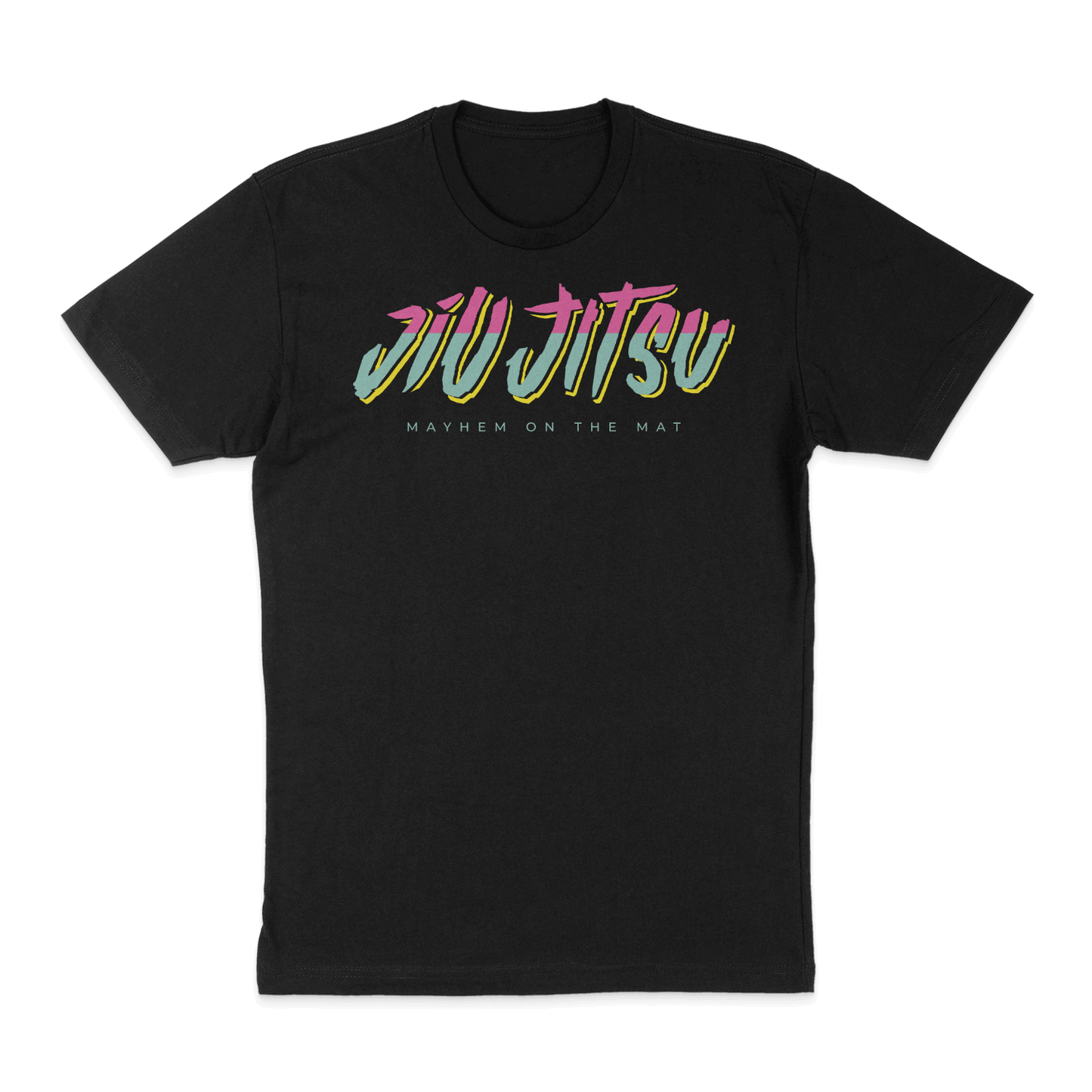 City Connect - Black T-shirt featuring a vibrant text design with "Jiu Jitsu" and "Mayhem on the Mat," celebrating the camaraderie of the community.