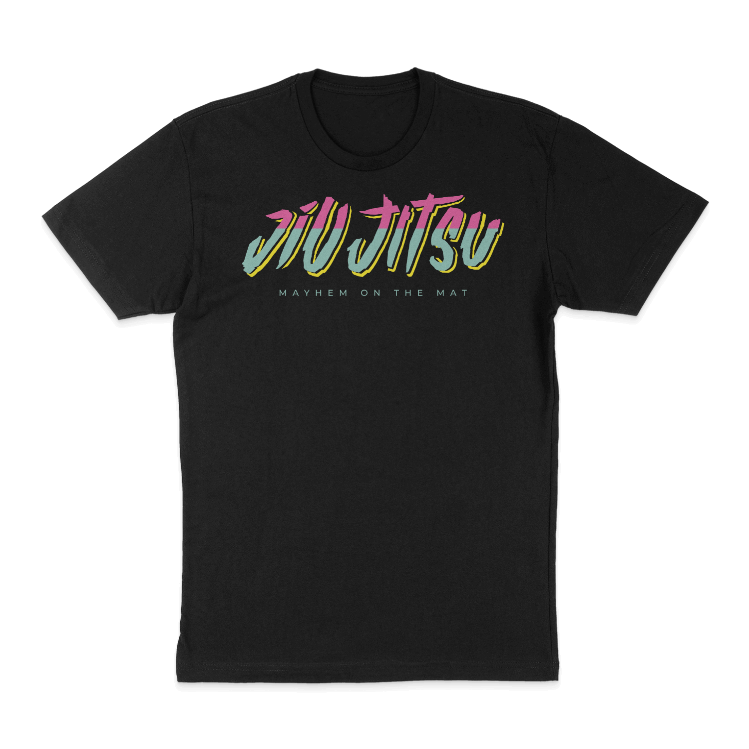 City Connect - Black T-shirt featuring a vibrant text design with "Jiu Jitsu" and "Mayhem on the Mat," celebrating the camaraderie of the community.