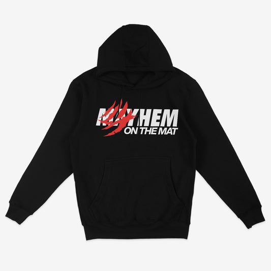 Experience the essence of your Jiu Jitsu journey with the Clawed Mayhem - Black hoodie, featuring "MAYHEM ON THE MAT" printed in striking white and red across the front.