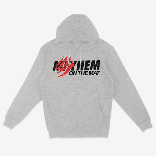 Heather Grey hoodie named "Clawed Mayhem," featuring the phrase "MAYHEM ON THE MAT" and a red claw mark design on the front, capturing the battle spirit of Jiu Jitsu as a way of life.