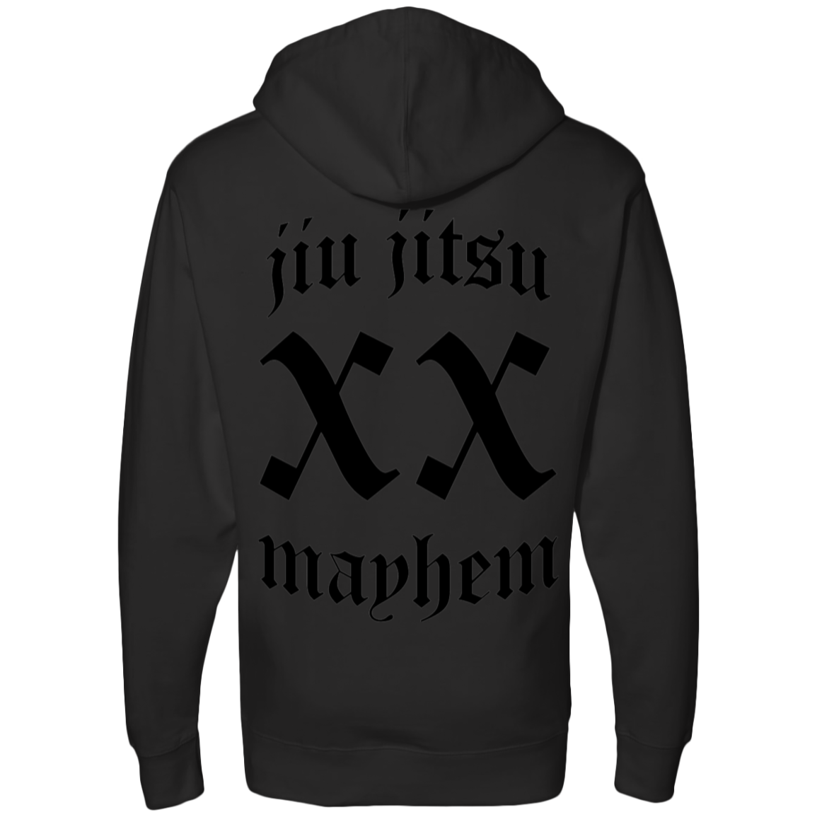 A Team Mayhem - Smoke Black hoodie with the phrase "jiu jitsu mayhem" prominently displayed. Perfect for those passionate about Jiu Jitsu and seeking stylish apparel.