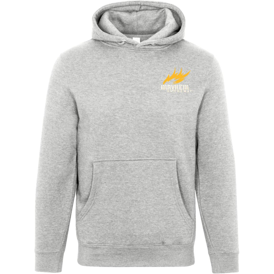 Heather grey hoodie with a hood, front pocket, and the "Mayhem Makers" logo in yellow and white on the chest, radiating rebellious energy for those with quick moves.