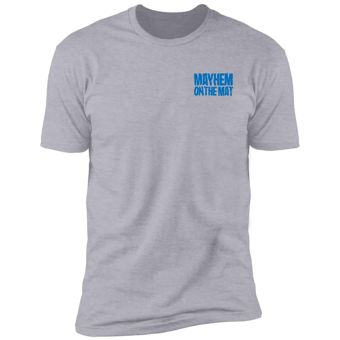 Gray T-shirt with blue "Horror Mayhem - Heather Grey/Blue" text on the upper left side, radiating a touch of excitement.