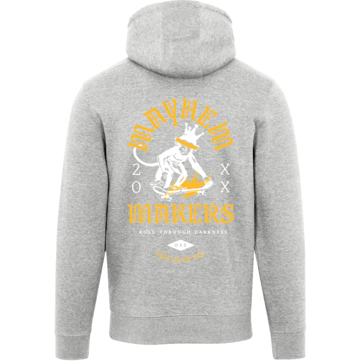 Heather grey hoodie featuring "Mayhem Makers" with a crowned skating creature illustration. The design is accented with white and yellow text that transforms challenges into victories, embodying the swift agility of Jiu Jitsu.