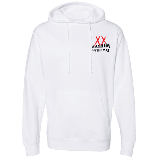 A white Anti Mayhem Mayhem Club - White hoodie with the word x on it, promoting mental well-being.