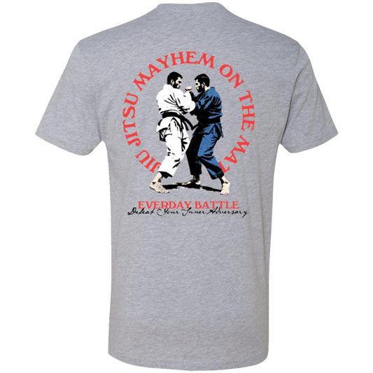 Mayhem vs Mayhem - Heather Grey with an illustration of two people practicing jiu-jitsu. Text reads: "Jiu-Jitsu Mayhem on the Mat, Everyday Battle - Defeat Your Inner Adversary.