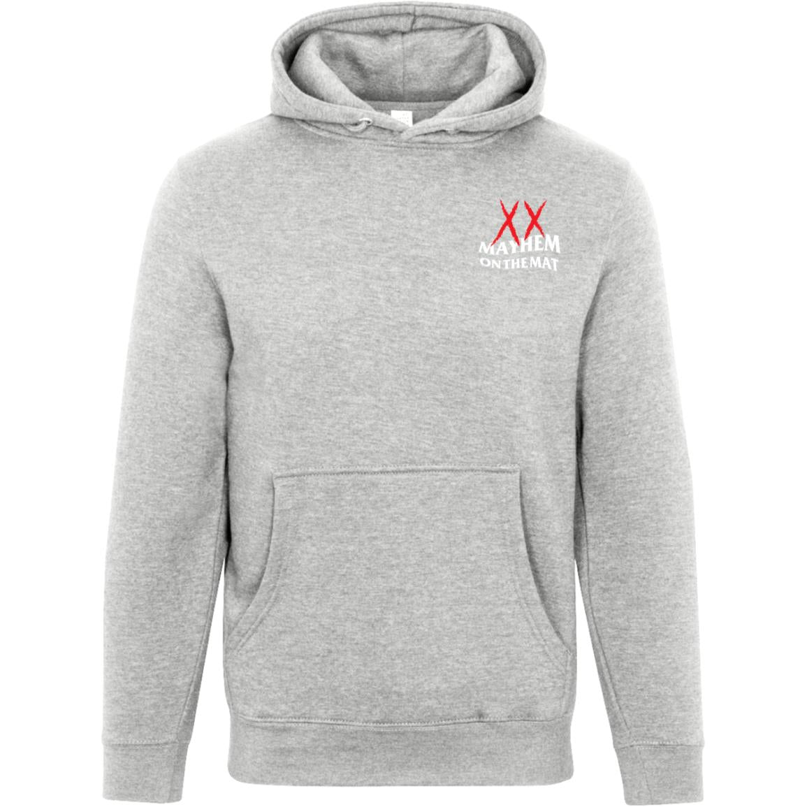 Heather grey hoodie with a front pocket. The design showcases "XX" in red above "MAYHEM ON THE MAT," symbolizing the mental battles of Jiu Jitsu, on the left chest area.