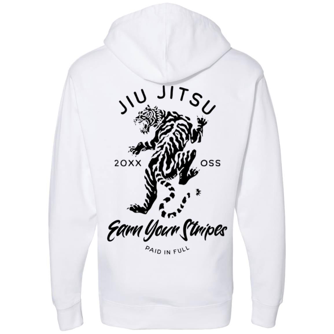 Earn Your Stripes - White featuring a black illustration of a tiger, along with the texts "Jiu Jitsu," "20XX," "OSS," "Earn Your Stripes," and "Paid in Full" on the back.