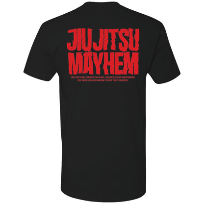 Back view of a Horror Mayhem - Black T-shirt with the text "Jiu Jitsu Mayhem" in bold red letters. Additional smaller text in a lighter font beneath the title evokes an edgy sense of controlled horror.