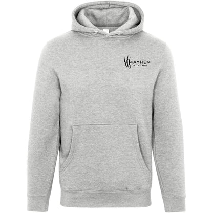 Heather Grey hoodie, named "Earn Your Stripes," featuring a striking "Mayhem on the Mat" logo on the chest. This piece is ideal for contemporary warriors, offering a front pocket and drawstring hood that seamlessly combine style with functionality.