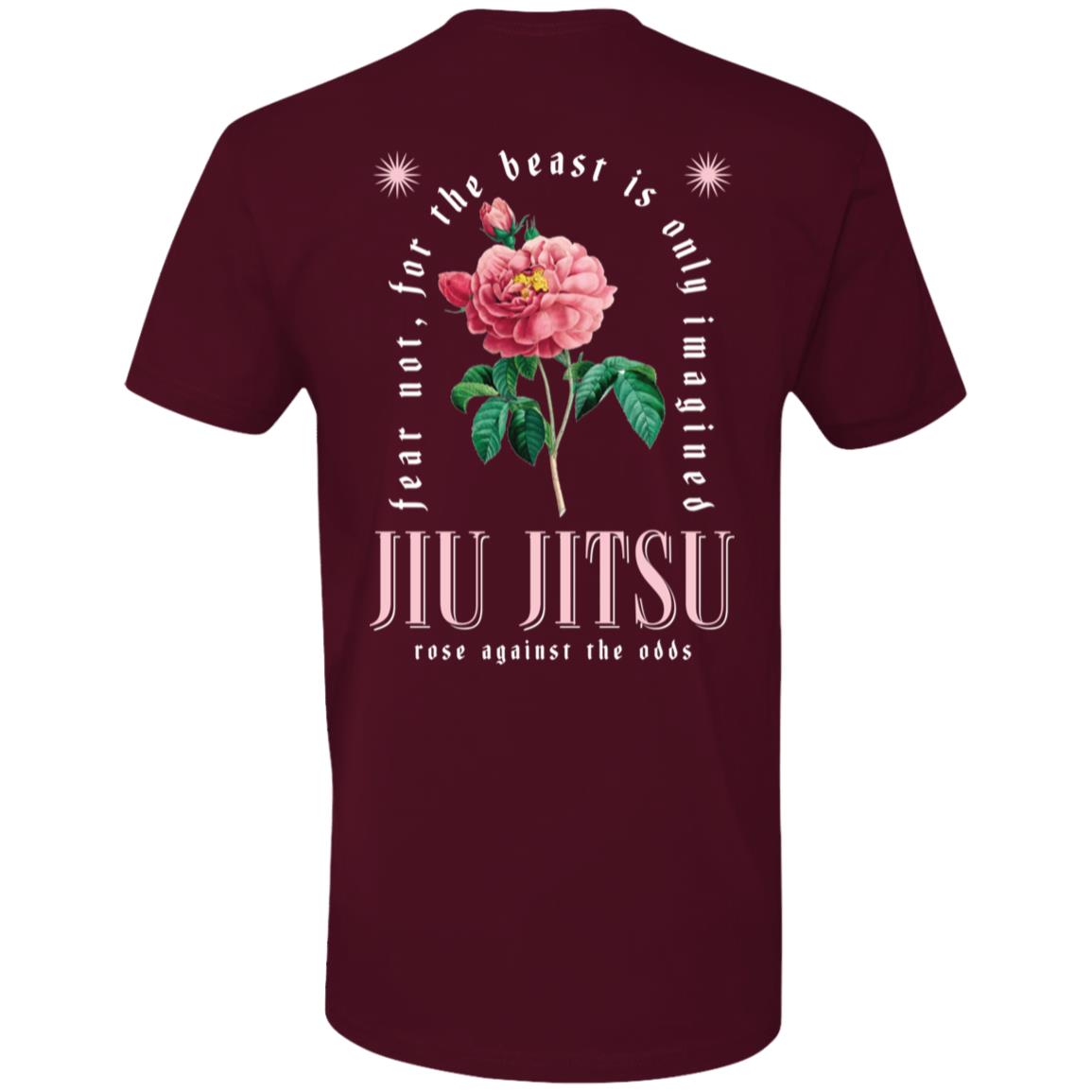 Maroon t-shirt with jiu-jitsu themed graphic and text "fear not for The Beast Is Only Imagined" and "rose against the odds".