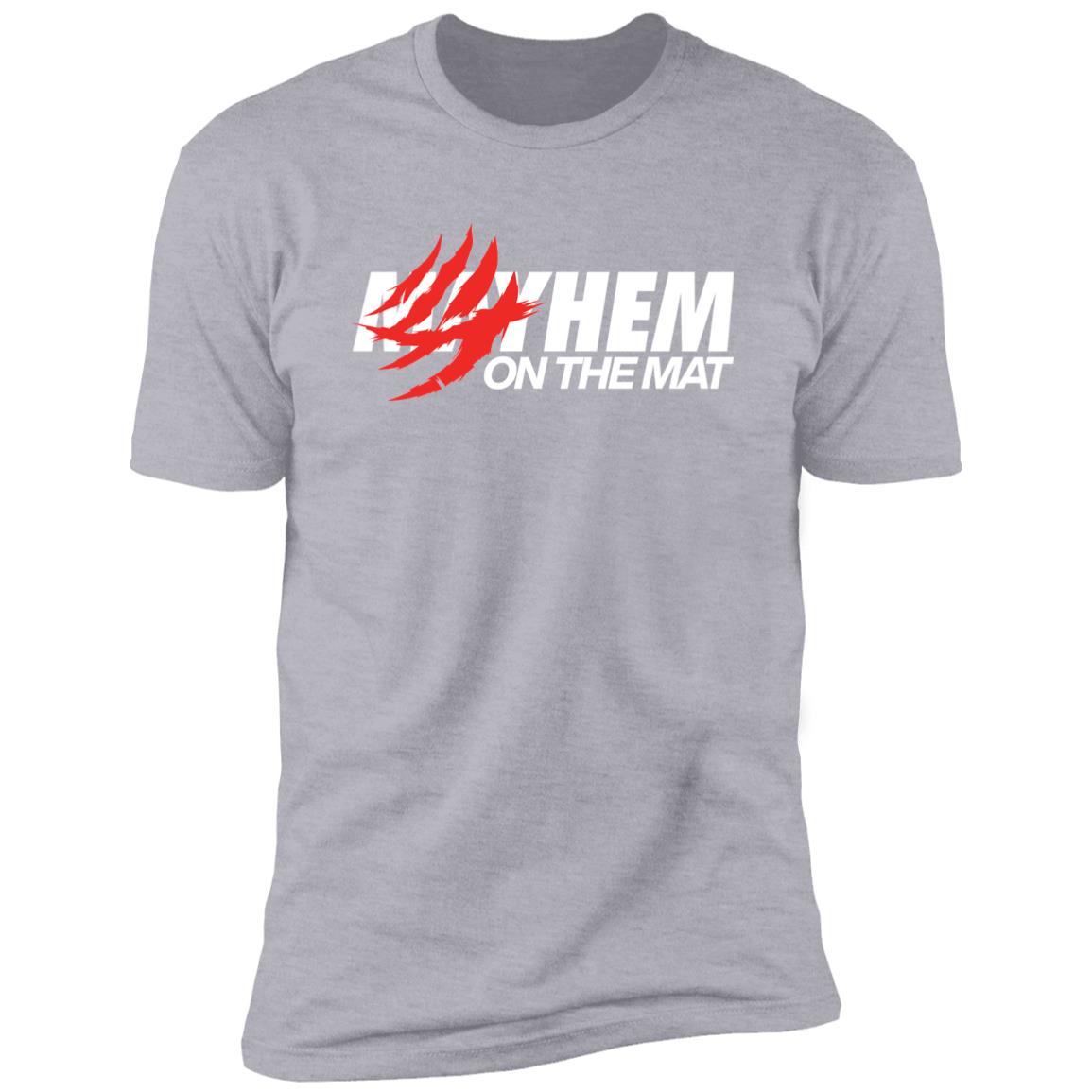 Heather grey T-shirt, named "Clawed Mayhem," featuring the bold text "MAYHEM ON THE MAT" with a striking red claw mark graphic across the words, inspired by the Clawed Mayhem game.