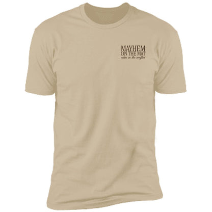 A sand-colored Calm In The Conflict tee featuring the text "MAYHEM ON THE MAT" along with "order in the mayhem" in smaller font on the upper left chest, made from premium ring-spun cotton.