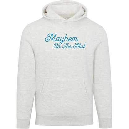 The "End Bullying - Oatmeal Grey" hoodie, featuring a front pocket and blue lettering with the phrase "Mayhem On The Mat," exudes an aura of intimidation.