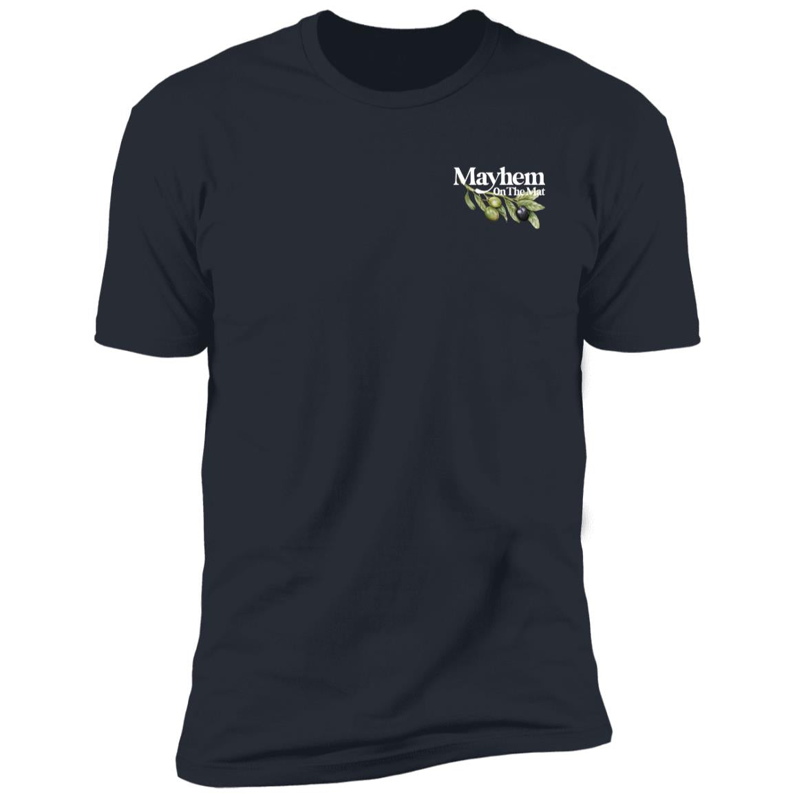 Indigo Navy T-shirt named "Peace In The Struggle" with a small graphic on the chest that reads "Mayhem" and features three green olives, symbolizing the balance between struggle and peace.