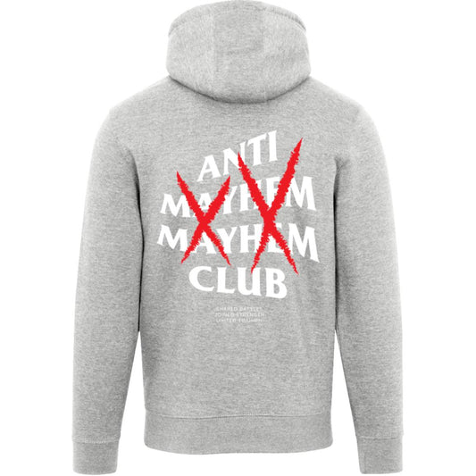 Heather grey hoodie featuring a red "X" over the words "Anti Mayhem Club" to symbolize inner battles, with additional smaller text beneath.