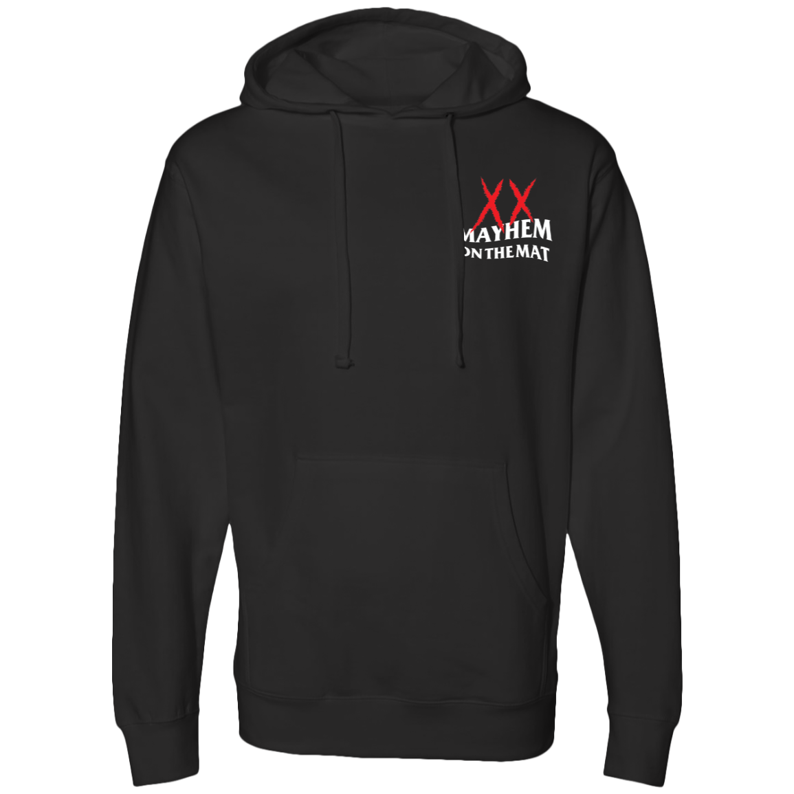 A black hoodie with a red logo representing the Anti Mayhem Mayhem Club.