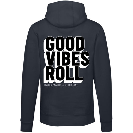 Back view of a navy hoodie featuring bold white text that reads "GOOD VIBES ROLL," ideal for Jiu Jitsu enthusiasts or teammates looking to express their positive spirit.