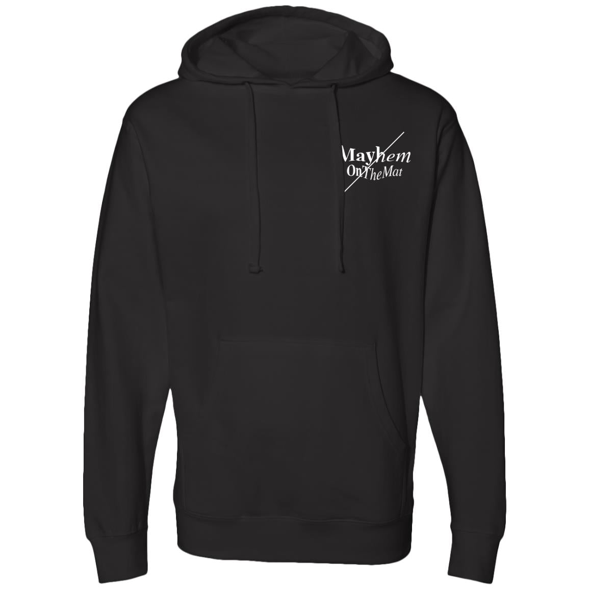 Black hooded sweatshirt with "Master The Mayhem / Conquer Your Chaos - Black" printed in white on the upper left side of the chest, embodying the spirit to "Master The Mayhem.