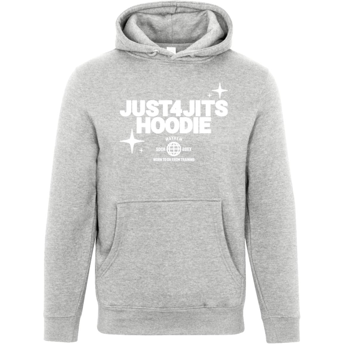 Heather grey JUST4JITS Hoodie featuring "JUST4JITS HOODIE" prominently in white text, ideal for those who embrace training. Small design elements and additional text below add a worn-in, authentic vibe that exudes JUST4JITS spirit.