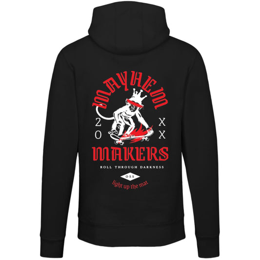 Black hoodie showcasing a figure on a skateboard with fiery wheels, accompanied by the text "Mayhem Makers 20XX, Roll Through Darkness, Light Up the Map.