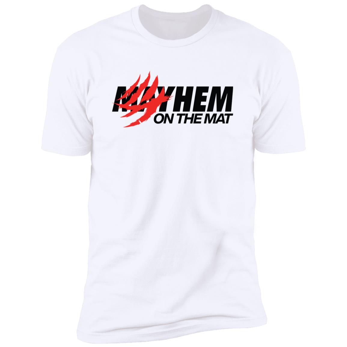 White t-shirt named "Clawed Mayhem - White" featuring the text "Clawed Mayhem ON THE MAT," with red claw marks partially obscuring the word "Clawed.