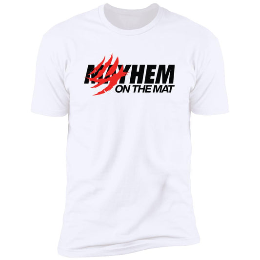 White t-shirt named "Clawed Mayhem - White" featuring the text "Clawed Mayhem ON THE MAT," with red claw marks partially obscuring the word "Clawed.