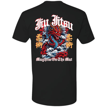 A Mat Dragon - Black featuring a colorful dragon with waves, the words "Jiu Jitsu" at the top, and "Mayhem On The Mat Dragon" at the bottom.