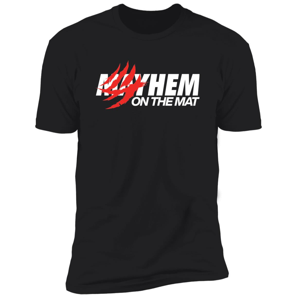 Clawed Mayhem - Black t-shirt featuring the text "Clawed Mayhem on the Mat" with a striking red claw mark graphic across the front.