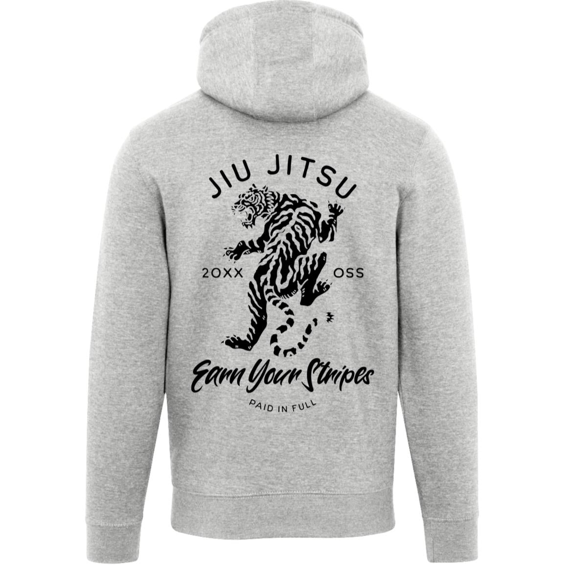 Heather Grey Earn Your Stripes hoodie features a striking tiger graphic and the text "Jiu Jitsu" and "Earn Your Stripes," tailored for contemporary warriors dedicated to their craft.