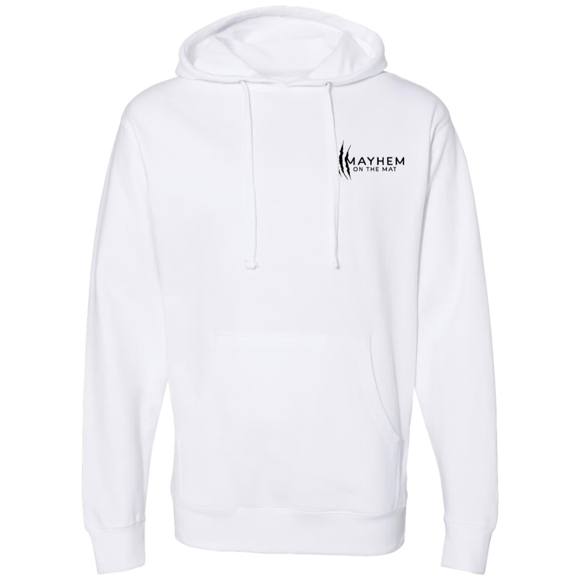 White hoodie with a front pocket and drawstrings, featuring the text "MAYHEM ON THE MAT" in black on the upper left chest area. This Earn Your Stripes - White lets you Earn Your Stripes with style and comfort.