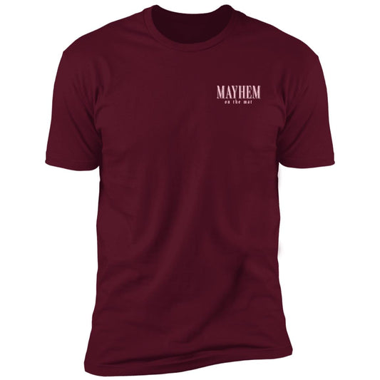 Maroon t-shirt with "imagined mayhem" printed on the chest.