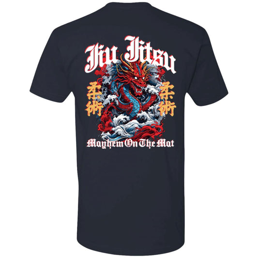 A black t-shirt featuring the text "Jiu Jitsu" at the top, a striking graphic of a red and blue Mat Dragon - Indigo Blue, and the words "Mayhem On The Mat" at the bottom.