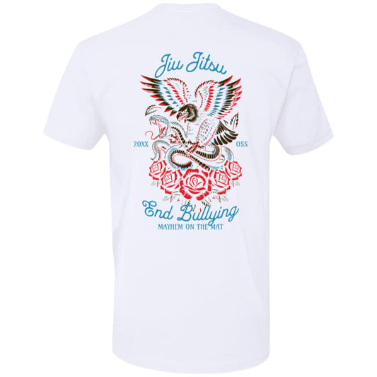 The End Bullying - White T-shirt showcases a striking design with an eagle, a snake, roses, and powerful text that reads "Jiu Jitsu," "End Bullying," and "Mayhem on the Mat." Make a bold statement against bullying with this standout piece.