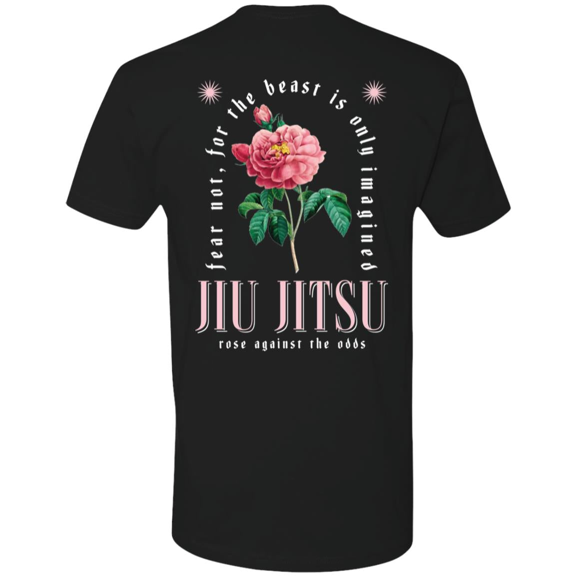 The Beast Is Only Imagined - Black jiu-jitsu themed t-shirt with floral design and "conquer your imagined fear" motivational quote.