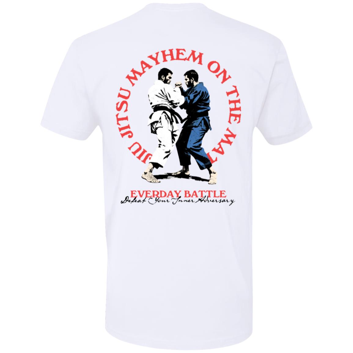 Mayhem vs Mayhem - White featuring an illustration of two people practicing martial arts with the text "Mayhem vs Mayhem on the Mat, Everyday Battle, Defeat Your Strongest Adversary.