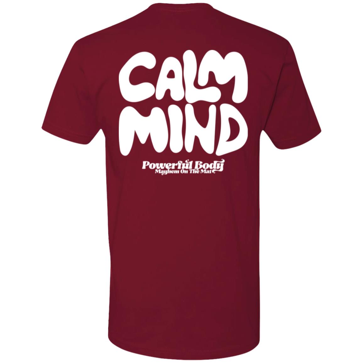 Back view of the Calm Mind, Powerful Body - Cardinal Red T-shirt featuring the words "CALM MIND" in large white bubble letters and below it, in smaller text, "Powerful Body Mysteries On The Mat." Embrace a calm mind and powerful body.