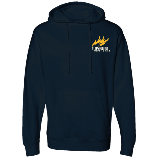 An intense Mayhem Makers - Navy hoodie with a passion-evoking yellow flame on it.
