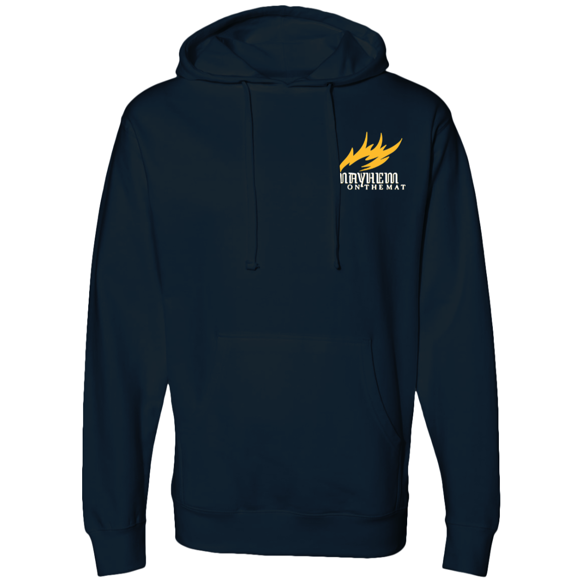 An intense Mayhem Makers - Navy hoodie with a passion-evoking yellow flame on it.