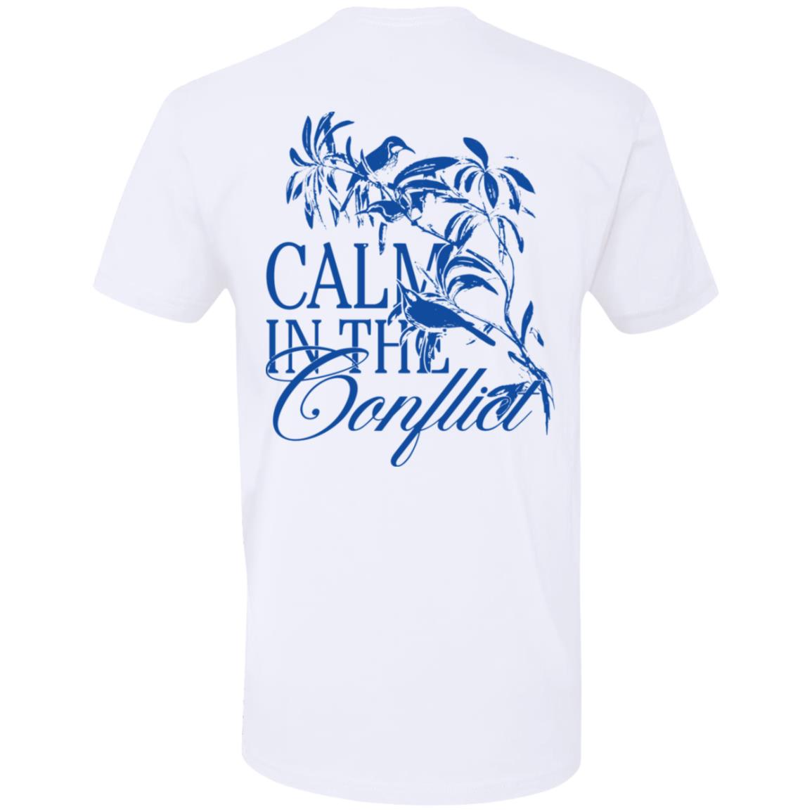 The "Calm In The Conflict - White" t-shirt features blue text and a tree branch design on the back, with the phrase "Calm In The Conflict," inspired by stress management techniques.